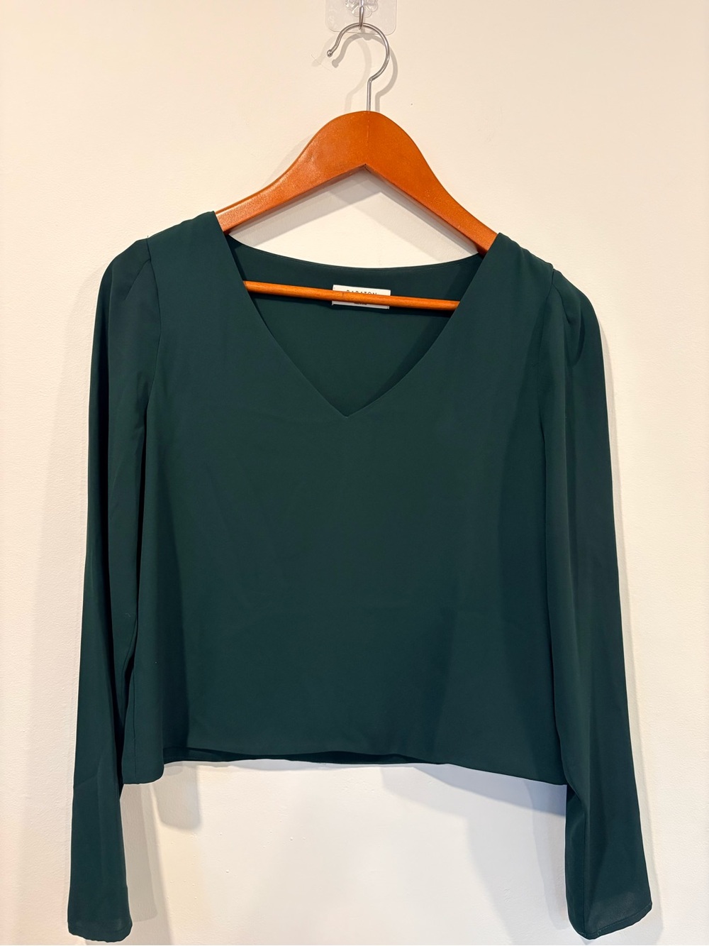 Babaton Deep Hunter/Emerald V-Neck Blouse Minimalist Long Sleeve Top - Picture 2 of 5